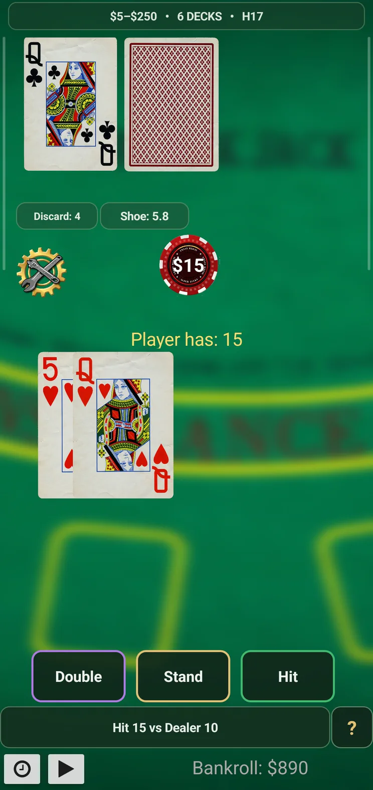 Blackjack Strategy Elite recommending Hit for a hard 15 against a dealer 10
