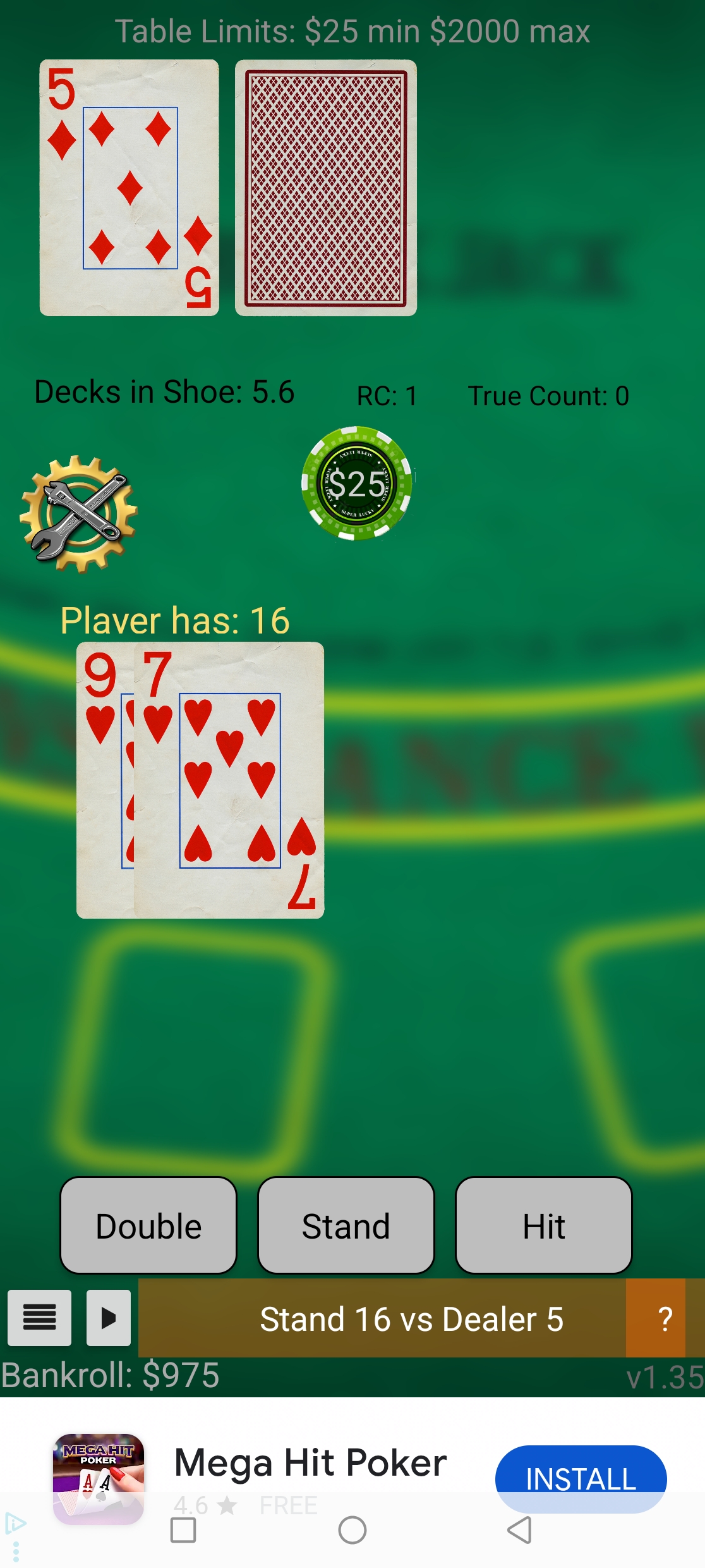 Drak Labs Blackjack Strategy App - Main Gameplay Screen