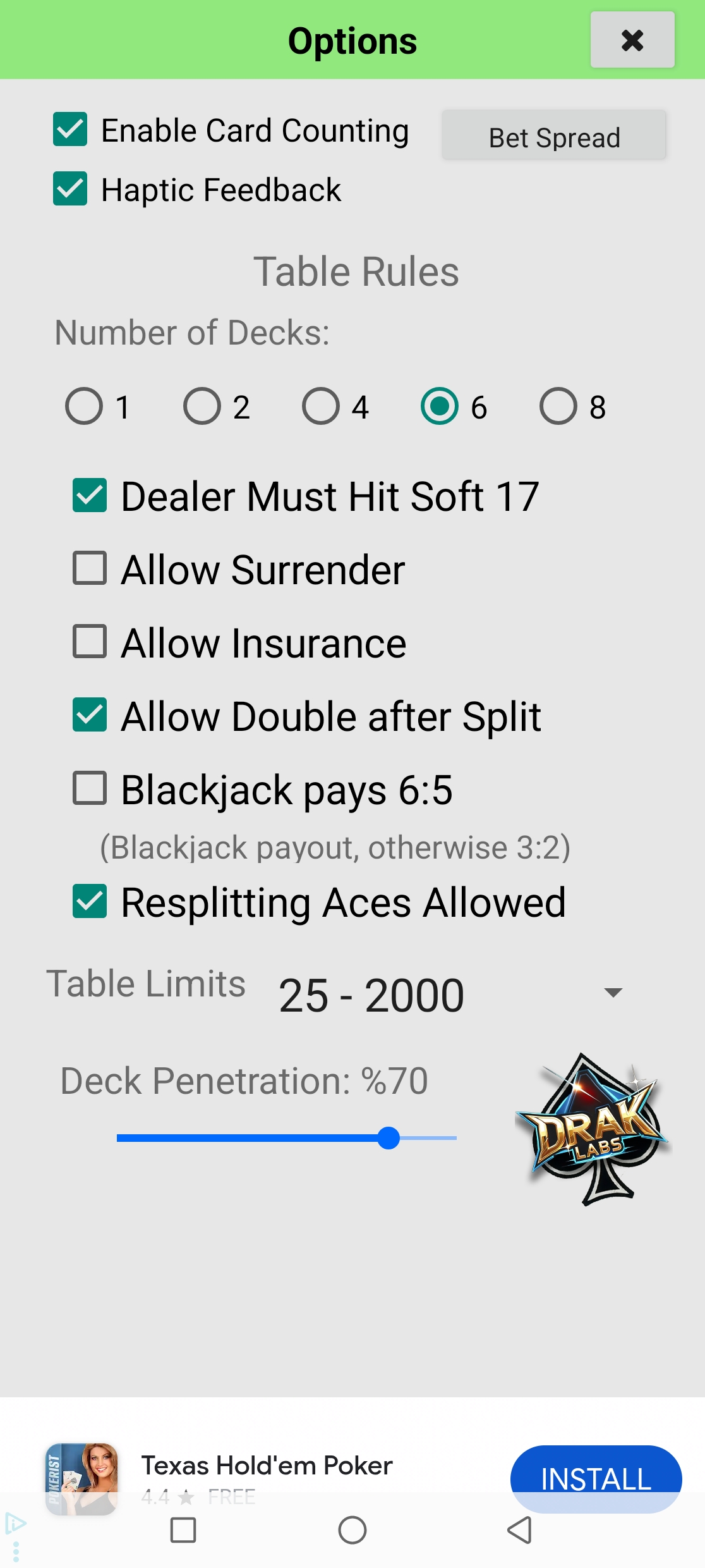 Drak Labs Blackjack Strategy App - Options & Table Rules